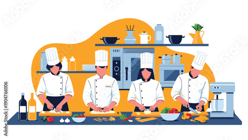 Team of professional chefs working in a busy commercial kitchen preparing gourmet meals with fresh ingredients.