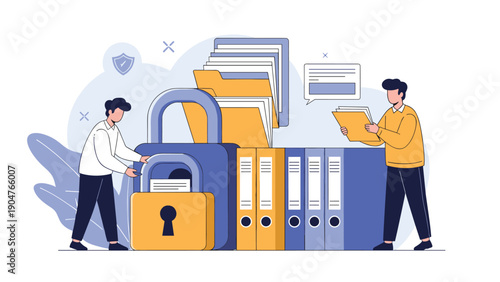 Office workers securing confidential folders and documents with large padlocks for data privacy and protection.