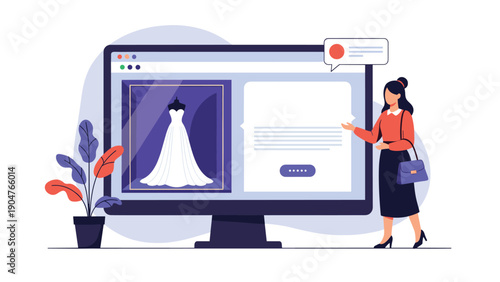 Stylish woman browses an online bridal shop on a large computer screen to find the perfect wedding dress for her.