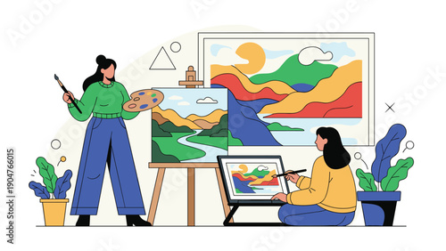 Two creative artists painting beautiful mountain landscapes on canvas and a digital tablet in a bright studio.