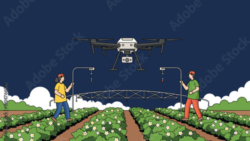 Modern farmers use a high tech agricultural drone for precision spraying over a field of growing flowering crops.