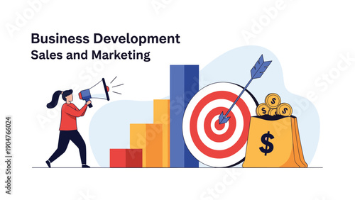 Successful marketing and sales concept features a woman using a megaphone to announce business growth and goals.