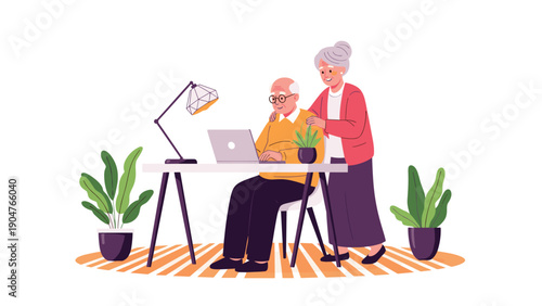 Elderly couple sitting comfortably at their desk and using a laptop computer to stay connected with the world.