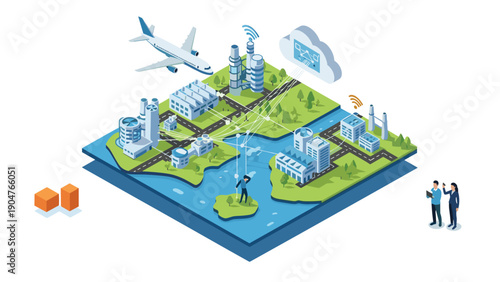 Isometric smart city map shows interconnected industrial buildings and infrastructure powered by cloud technology.