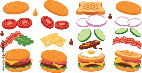 Burger Ingredients and Cheeseburger Assembly Set with Bun, Bacon, Egg, Lettuce, Tomato, Onion and Sauce Vector Illustration Collection