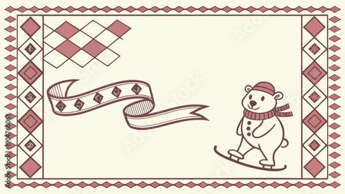 A charming illustration of a skiing polar bear wearing a hat and scarf in a winter frame