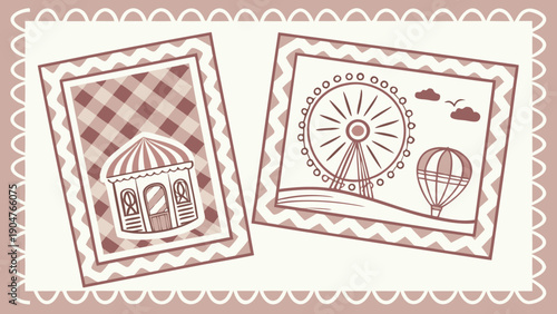 Vintage style postage stamps featuring amusement park attractions like a ferris wheel and carousel