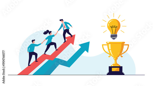 Motivated team helps each other climb arrows toward a lightbulb of ideas and a gold trophy for business success.
