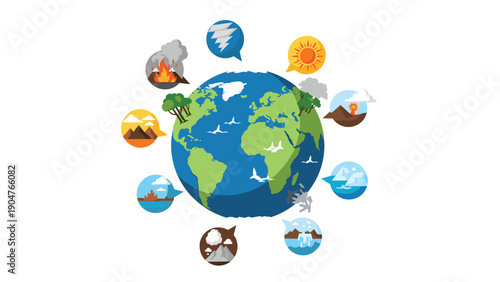 Global map is surrounded by various weather phenomena and natural disaster icons representing climate change and environmental challenges.