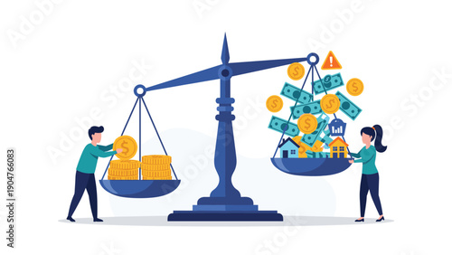 Large scales balancing gold coins against family expenses like housing and utilities representing cost of living.