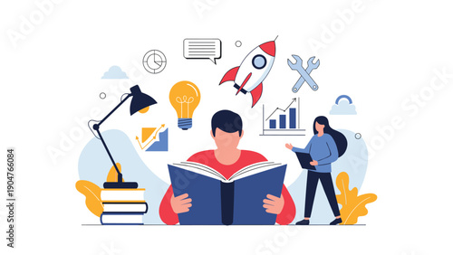 Young man explores creative ideas and technical concepts while reading a large book surrounded by various educational and startup icons.