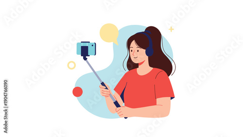 Happy young woman uses a selfie stick and wears headphones to capture a photo or video for her social media followers and digital life.