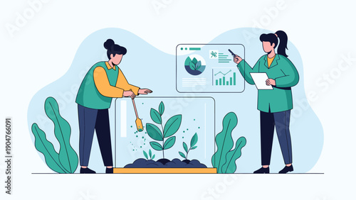 Dedicated female researchers analyze plant growth in a controlled laboratory environment to improve agricultural science.