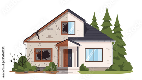 Comparative illustration shows a damaged house with broken windows and cracks next to its fully renovated and beautiful counterpart.