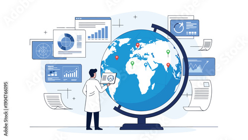 Medical researcher or scientist examines global health data and statistics while pointing at various locations on a large world globe.