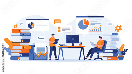 Diligent office workers manage heavy workloads and analyze complex data charts while surrounded by large stacks of books and documents.