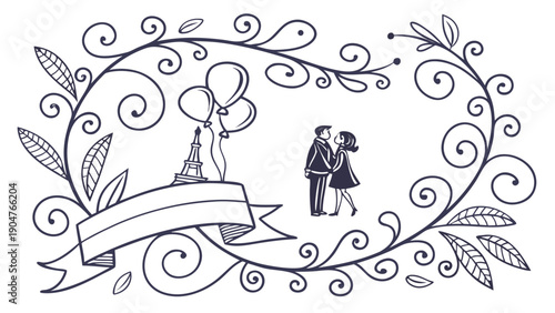 An intricate vine frame surrounds a small couple holding hands next to an Eiffel Tower sketch with balloons and a blank banner.