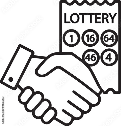 Hand shaking with a lottery ticket instead of fingers, symbolizing deal of luck icon