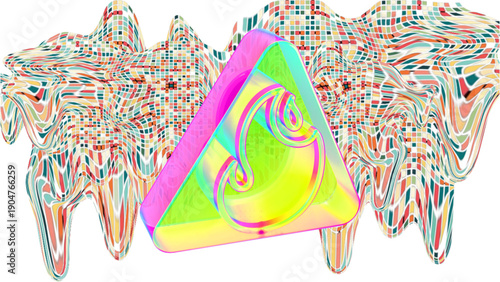 Glowing neon pyramid with swirling patterns on its face against a vibrant abstract background with colorful distortions.