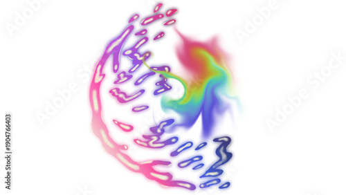 Vibrant abstract design with swirling rainbow colors and dynamic patterns on a white background.