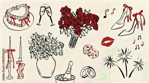 Valentines Day romantic illustrations with flowers champagne and gifts