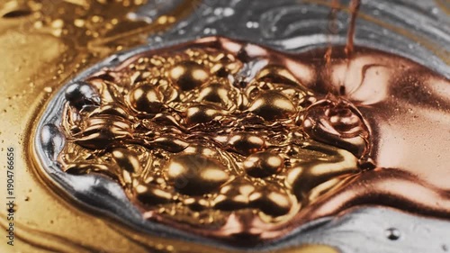 Wallpaper Mural Macro close-up of molten gold and silver metal liquids merging with a reflective surface and intricate patterns. Torontodigital.ca