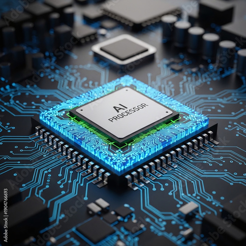 AI processor chip on circuit board 3d rendered