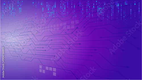 Close-up of a purple circuit board with blue binary code flowing across the top in a futuristic technology background.