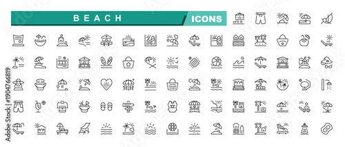 Set of outline icons related to beach. Linear icon collection. Editable stroke. Beach icon. Pack of sun, sea, vacation, seaside and more. Outline icons in linear style.