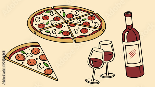 A dark red bottle of wine and two glasses are arranged beside a pepperoni pizza with mushrooms and a single separated slice on a plain surface.