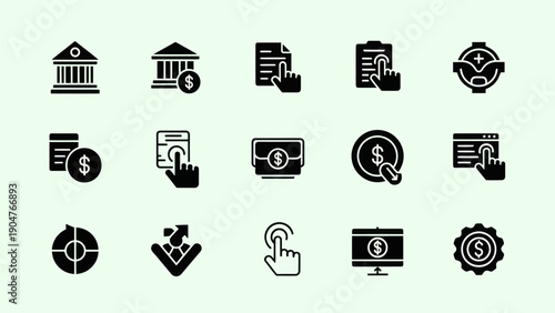 Set of financial icons representing banking transactions and digital payments