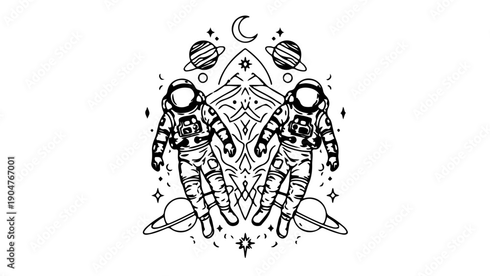 Obraz premium A minimalist vector illustration of two astronauts surrounded by celestial objects and symbols