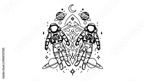 A minimalist vector illustration of two astronauts surrounded by celestial objects and symbols