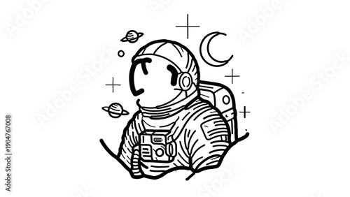 A minimalist vector illustration of an astronaut in space with celestial elements