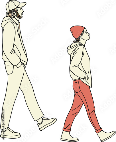 Two young adults walking in casual wear, side view illustration