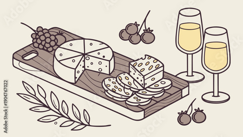 Line art illustration of a gourmet cheese platter with grapes and two glasses of wine.