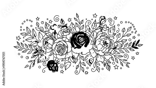 A beautiful floral vector illustration with black and white flowers and leaves on a transparent background