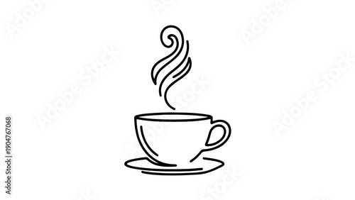 A minimalist line art illustration of a steaming hot cup of coffee on a saucer