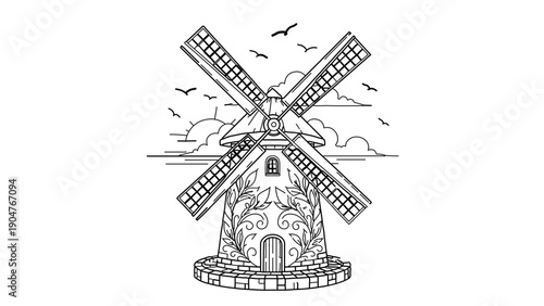 A minimalist line art illustration of a traditional windmill with rotating blades and a brick base, set against a simple cloudy sky with flying birds.