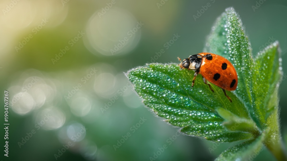 Obraz premium Ladybug Crawling on Young Green Leaf with Morning Dew, Luminous Bokeh Light, Minimal Spring Background, Left-Third Subject with Empty Right Space, Poetic Nature Scene