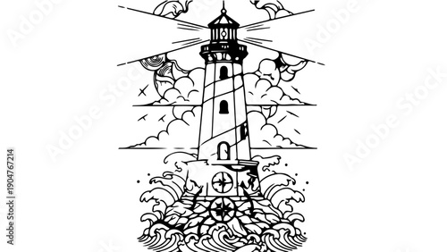 A minimalist vector illustration of a lighthouse standing tall amidst turbulent waves and cloudy skies
