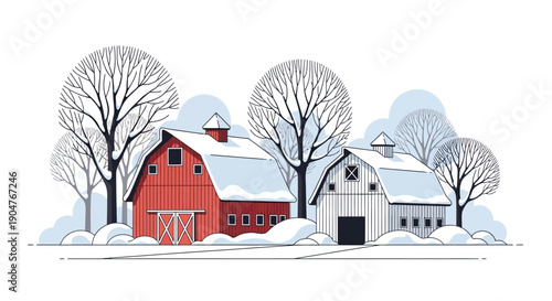 Illustration of a snowy village with a red barn, white house, and trees in a winter wonderland landscape.