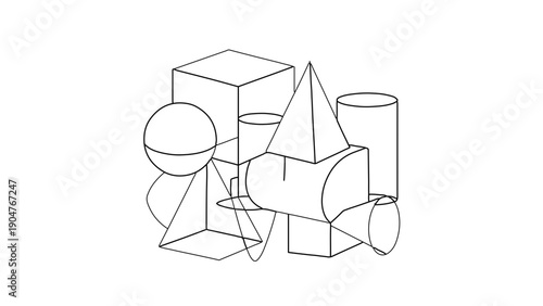 A minimalist vector graphic illustration of various geometric shapes in a simple line art style