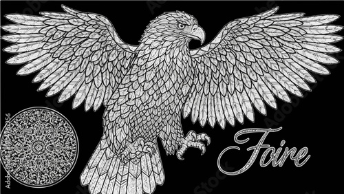 A detailed vector illustration of an eagle with outstretched wings and the word Fire in a decorative font