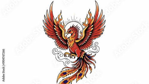 A vibrant phoenix bird in flight with colorful feathers and flames