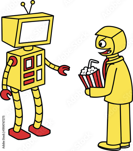A yellow robot holding a wrench and a humanoid figure eating popcorn, cartoon illustration.