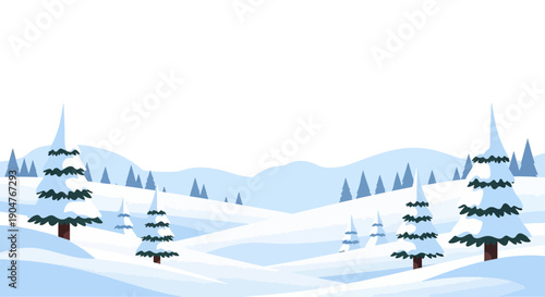 Digital illustration of a serene snowy landscape with pine trees and rolling hills in a winter wonderland setting.
