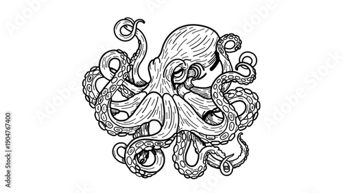 A minimalist line art illustration of an octopus with a woman's face in the center