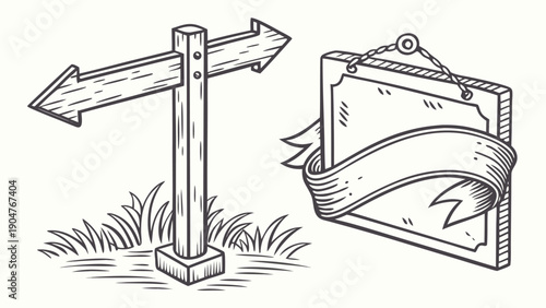 Hand drawn sketch of a wooden signpost with two arrows and a wooden hanging frame with a ribbon.