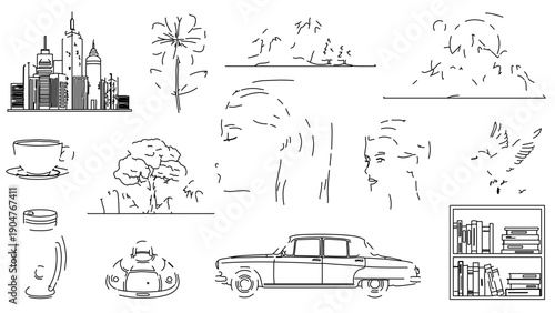 A collection of simple line art illustrations featuring various city and nature elements